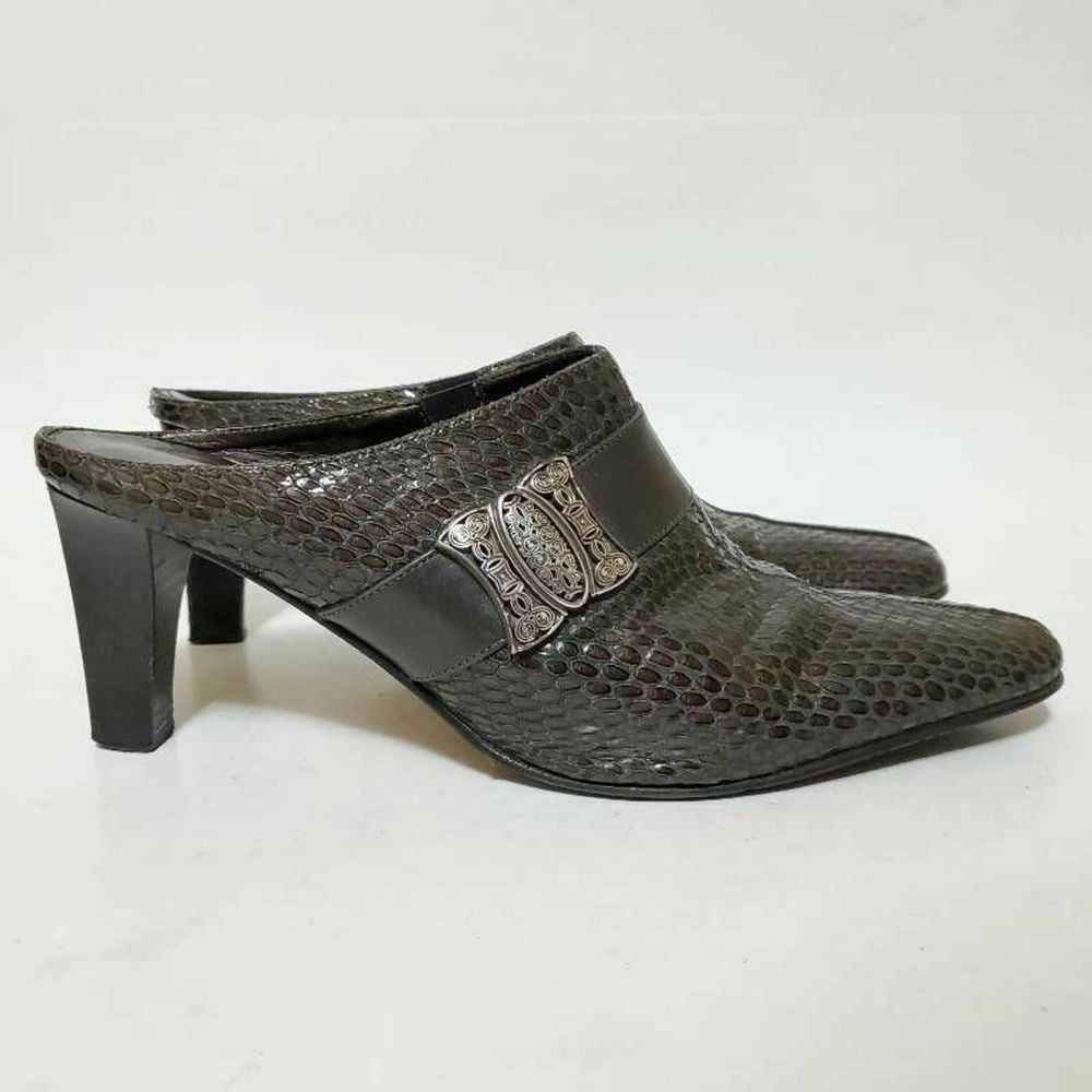 Brighton Womens 7.5 Rhyme Mule Stacked Heel Black Snakeskin Pattern Slip On